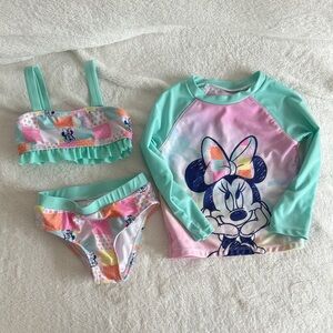 Disney Girls Mint & Pastel Pink Minnie 3-Piece Rashguard Swim Set
